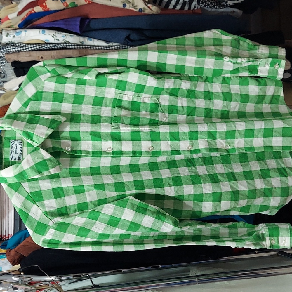 Viking Vintage Green white check button down Long sleeve shirt size m invM240